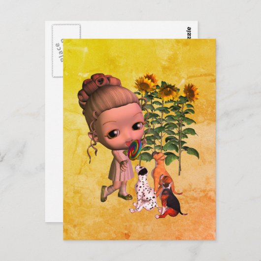 小さな女の子と子犬はがき ポストカード (正面/裏面)