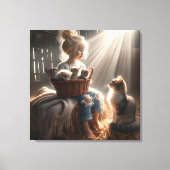 小さな女の子と子猫のバスケット キャンバスプリント (正面)