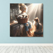 小さな女の子と子猫のバスケット キャンバスプリント (インサイチュ (ウッドフロア))