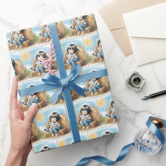 小さな女の子と子猫を干しベールに ラッピングペーパー (ギフト)