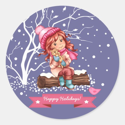 小さな女の子と子猫クリスマス ラウンドシール (正面)