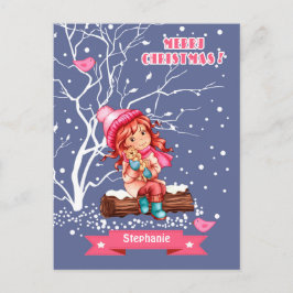 小さな女の子と子猫 |クリスマス名前をカスタムする シーズンポストカード