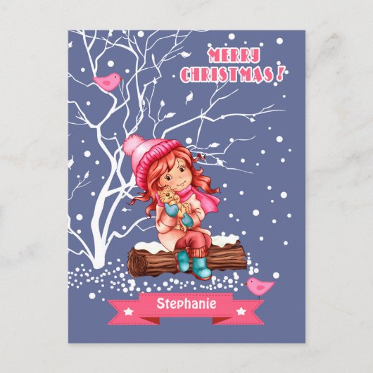 小さな女の子と子猫 |クリスマス名前をカスタムする シーズンポストカード (正面)