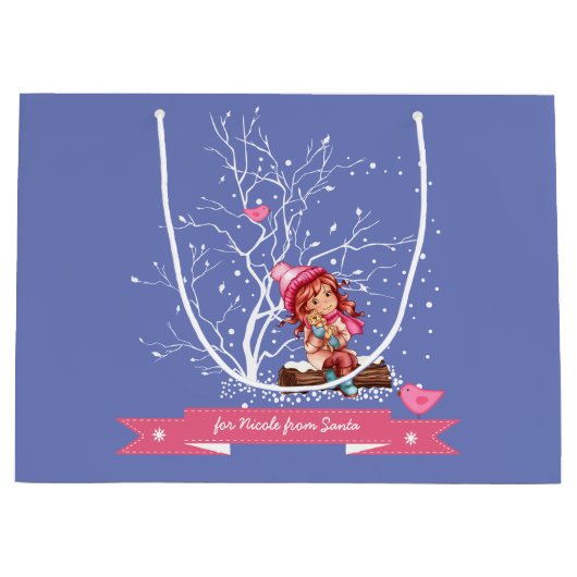 小さな女の子と子猫 |クリスマス名前をカスタムする ラージペーパーバッグ (正面)