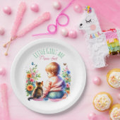 小さな女の子と子猫 |水彩赤ちゃんシャワー ペーパープレート (パーティー)