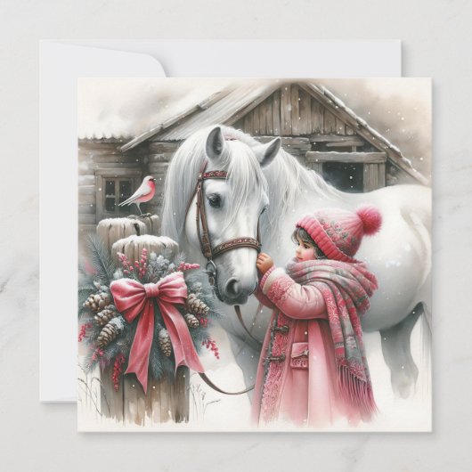 小さな女の子と彼女の馬のパーソナライズされたクリスマス シーズンカード (正面)
