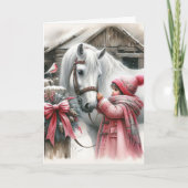 小さな女の子と彼女の馬のパーソナライズされたクリスマス シーズンカード (正面)