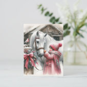 小さな女の子と彼女の馬のパーソナライズされたクリスマス シーズンポストカード (スタンド正面)