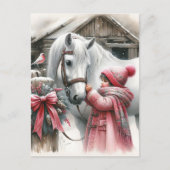 小さな女の子と彼女の馬のパーソナライズされたクリスマス シーズンポストカード (正面)