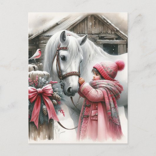 小さな女の子と彼女の馬のパーソナライズされたクリスマス シーズンポストカード (正面)