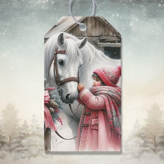 小さな女の子と彼女の馬の素朴クリスマス ギフトタグ