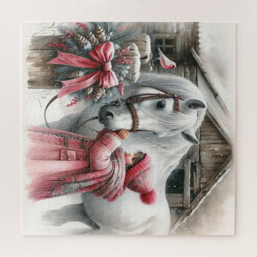 小さな女の子と彼女の馬の素朴クリスマス ジグソーパズル (横)