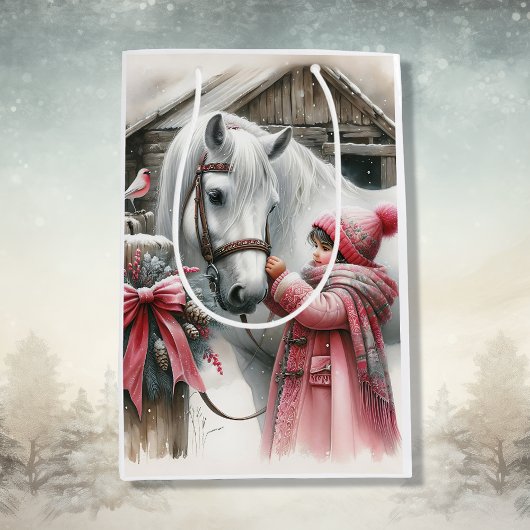 小さな女の子と彼女の馬の素朴クリスマス ミディアムペーパーバッグ