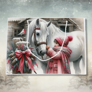 小さな女の子と彼女の馬の素朴クリスマス ラージペーパーバッグ