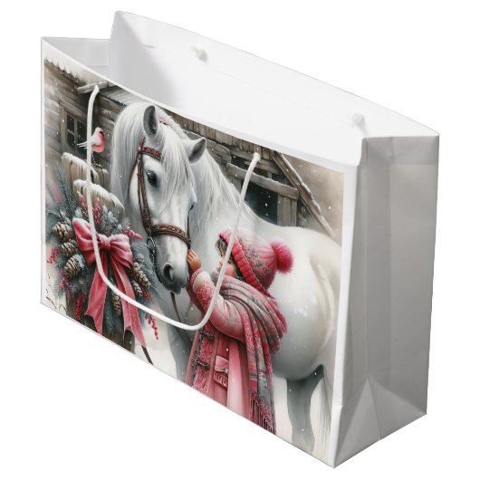 小さな女の子と彼女の馬の素朴クリスマス ラージペーパーバッグ (正面アングル)