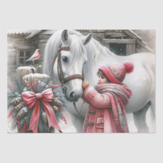 小さな女の子と彼女の馬の素朴クリスマス 薄葉紙