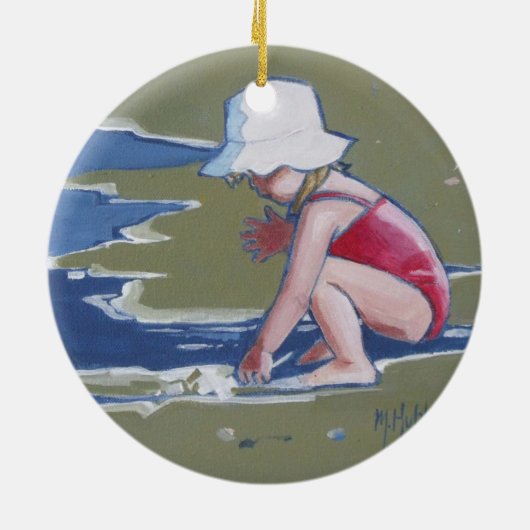 小さな女の子と波のビーチ セラミックオーナメント (裏面)