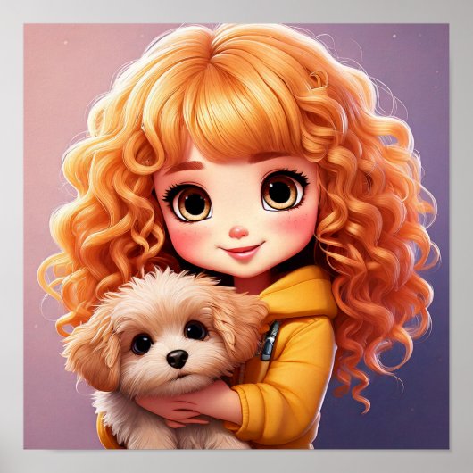 小さな女の子と犬;チビ(小さくかわいく書いた感じ)アート, ポスター (正面)