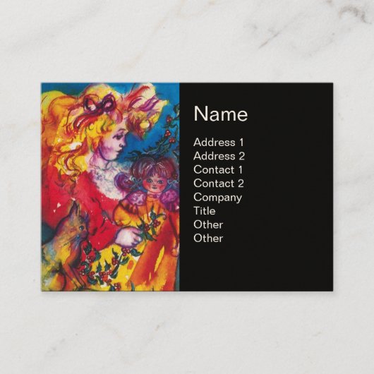 小さな女の子と猫と人形かわいらし赤ブラック 名刺 (正面)