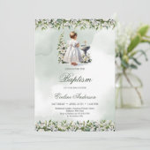 小さな女の子と白いドレス金ゴールドクロス洗礼 招待状 (スタンド正面)