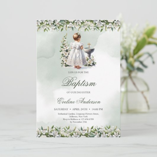 小さな女の子と白いドレス金ゴールドクロス洗礼 招待状 (スタンド正面)