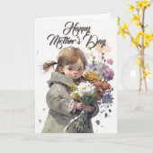 小さな女の子と花束、マザーズのデイカード カード (黄色い花)