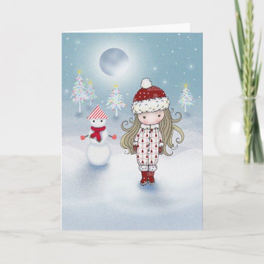 小さな女の子と雪だるまのクリスマスカード シーズンカード (正面)