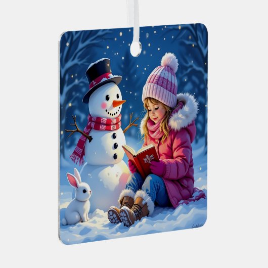 小さな女の子と雪だるまのパーソナライズされたクリスマス メタルオーナメント (正面右)