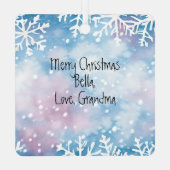 小さな女の子と雪だるまのパーソナライズされたクリスマス メタルオーナメント (裏面)