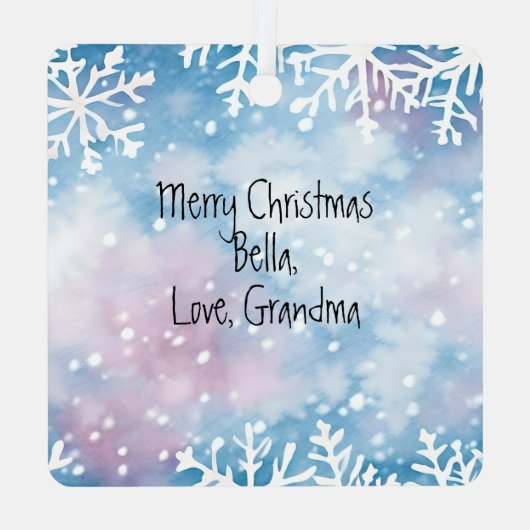 小さな女の子と雪だるまのパーソナライズされたクリスマス メタルオーナメント (裏面)