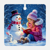 小さな女の子と雪だるまのパーソナライズされたクリスマス メタルオーナメント (正面)