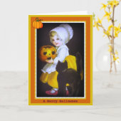 小さな女の子と黒猫ヴィンテージハロウィンカード カード (黄色い花)