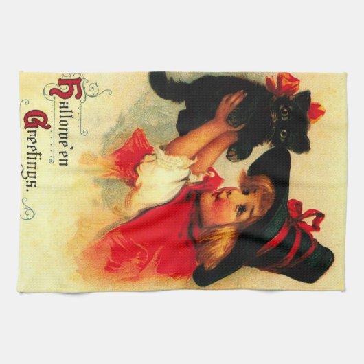 小さな女の子と黒猫 キッチンタオル (横)
