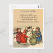 小さな女の子のまわりに雪だるまの新年，ヴィンテージ ポストカード (正面/裏面)