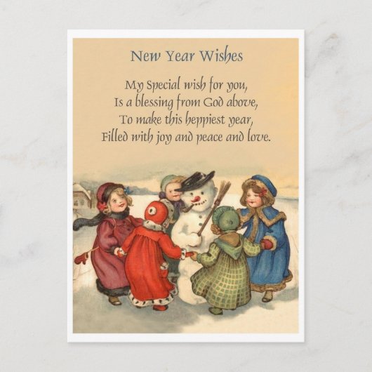 小さな女の子のまわりに雪だるまの新年，ヴィンテージ ポストカード (正面)