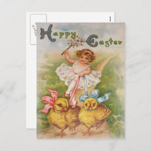 小さな女の子のイースターひよこの鎖 シーズンポストカード (正面/裏面)