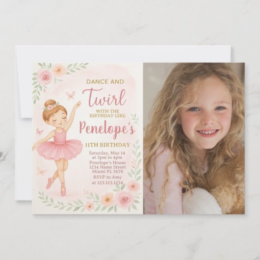 小さな女の子のピンクのダンスパーティーカードを編集可能 招待状 (正面)