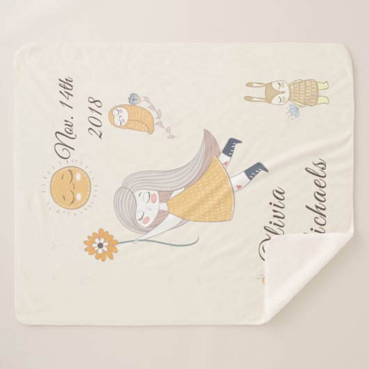 小さな女の子のフクロウのウサギのパーソナライズな日付および名前 シェルパブランケット (正面(横))