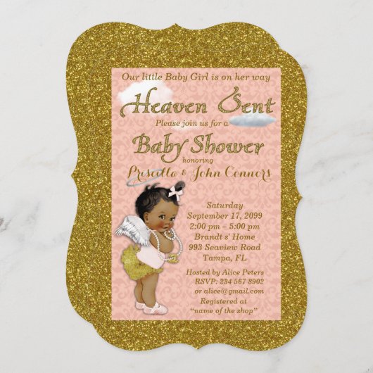 小さな女の子のベビーシャワーの招待状、ピンク、金ゴールド 招待状 (正面/裏面)