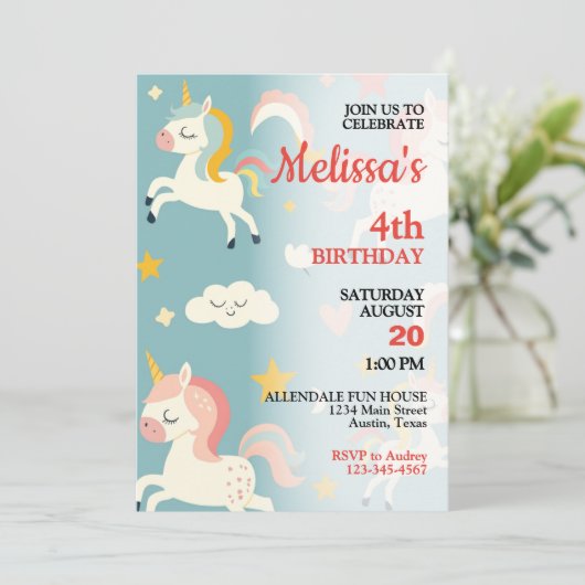 小さな女の子のユニコーンと虹の誕生日パーティー 招待状 (スタンド正面)