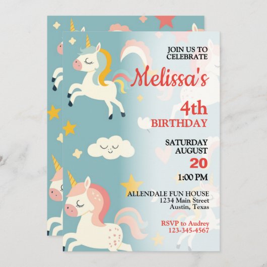 小さな女の子のユニコーンと虹の誕生日パーティー 招待状 (正面/裏面)