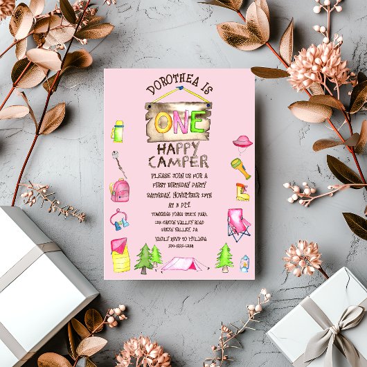 小さな女の子のワン ハッピー キャンパー ファースト バースデー パーティー 招待状