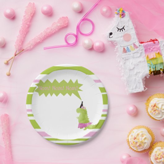 小さな女の子の恐竜のチュチュのピンクの緑のディーノのテーマ ペーパープレート (パーティー)