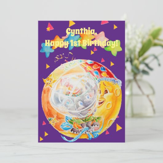 小さな女の子の最初の誕生日のあいさつパーソナライズされたつ サンキューカード (スタンド正面)