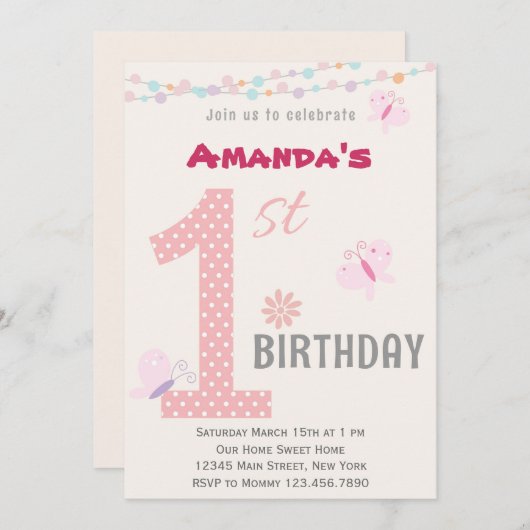 小さな女の子の最初の誕生日パーティーの招待状（ピンク） 招待状 (正面/裏面)