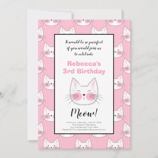 小さな女の子の第3誕生会のピンクの子猫猫 案内状 (正面)