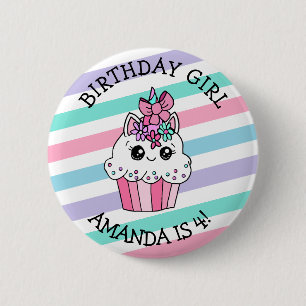 小さな女の子の誕生日ガールユニコーンカップケーキ 缶バッジ