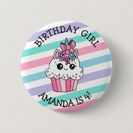 小さな女の子の誕生日ガールユニコーンカップケーキ 缶バッジ (正面)