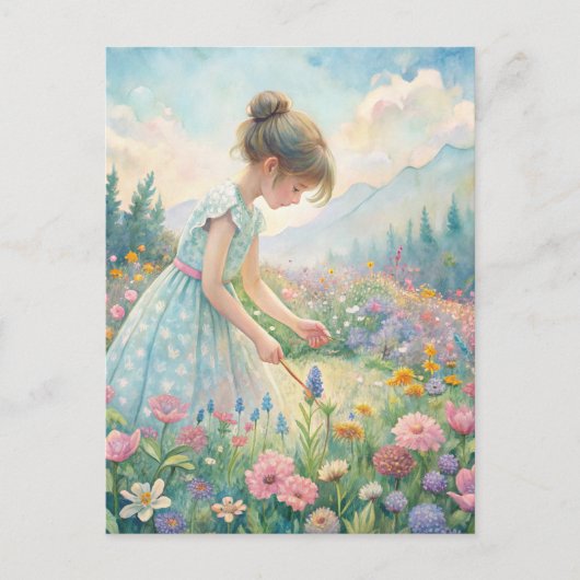 小さな女の子の野原の野花と山のパステル画 ポストカード (正面)