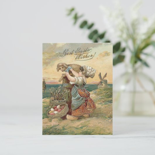 小さな女の子の風車のイースターエッグの子ヒツジ シーズンポストカード (スタンド正面)